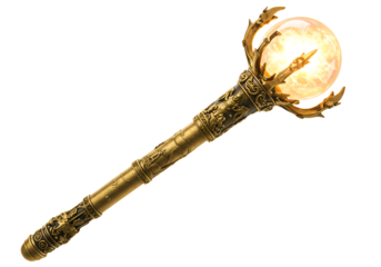 Fantasy magical staff with moon and flame design illuminated in a dark background