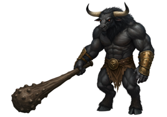 Fantasy Minotaur Warrior Holding Wooden Club with Muscular Build and Horned Head