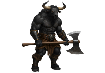 fantasy minotaur warrior wielding a giant axe in a dark setting with detailed muscular build and