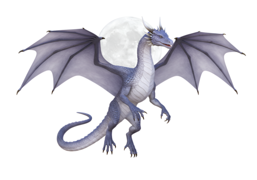 Fantasy Illustration of a Mythical Silver Dragon Flying Against a Full Moon Night Sky