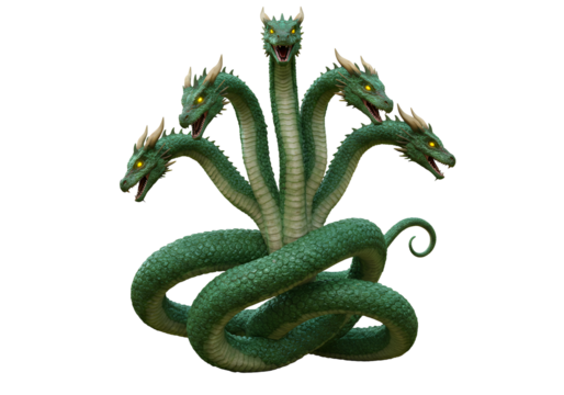 Fantasy Illustration of a Multi-Headed Green Dragon with Six Heads and Menacing Expression