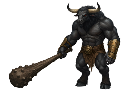 Fantasy Minotaur Warrior Holding Wooden Club with Muscular Build and Horned Head