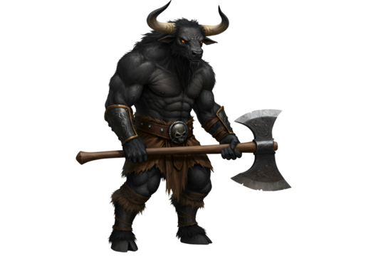 fantasy minotaur warrior wielding a giant axe in a dark setting with detailed muscular build and