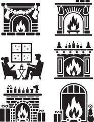 Naklejka premium Cozy Christmas fireplaces with festive decor and gifts