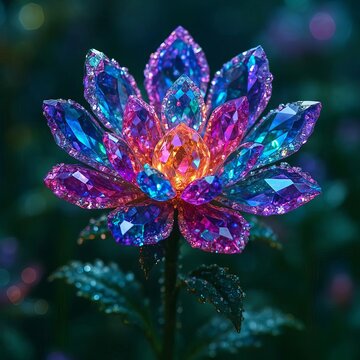  Fantasy botanical gemstone flowers with luminous crystal leaves and magical glowing texture
