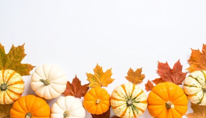 A vibrant arrangement of pumpkins and autumn leaves, showcasing a colorful fall theme perfect for seasonal decor or harvest celebrations.