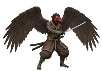 Fantasy warrior creature with black wings, traditional armor, and sword in a dark background