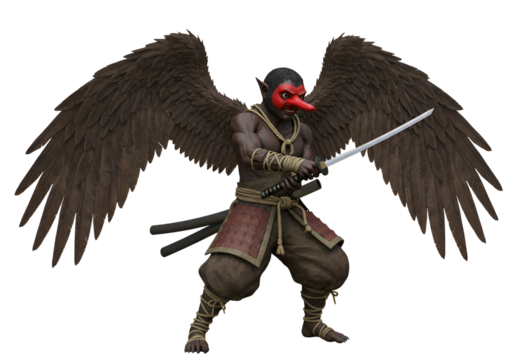 Fantasy warrior creature with black wings, traditional armor, and sword in a dark background