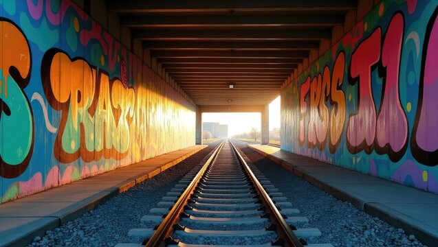 Colorful graffiti art adorns a railway tunnel.