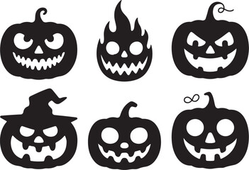 Obraz premium Six spooky Halloween pumpkins with funny faces and witch hat
