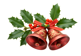 Festive Christmas Bells with Holly and Red Berry Decorations on Black Background