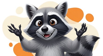 Obraz premium Adorable cartoon raccoon waving hello with a friendly smile, perfect for children's books, educational resources, and engaging animal-themed designs