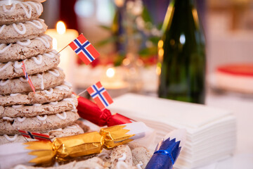 Wreath cake ring cake «kransekake» with Norwegian flags
