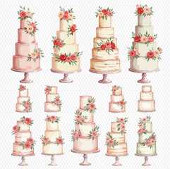 A collection of watercolor-style wedding cakes, varying in size and color, adorned with floral decorations.