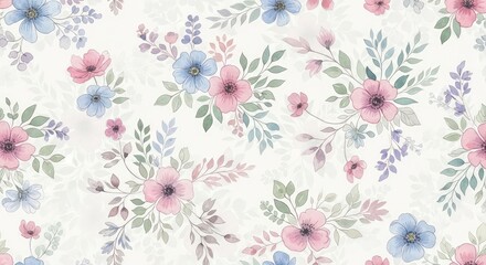 Seamless Floral Pattern with Watercolor Flowers, Pink, Blue, and Green Delicate Design
