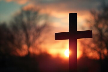Serene Funeral Cross Silhouette Against a Soft Sunset Sky, Symbolizing Faith and Christian Beliefs