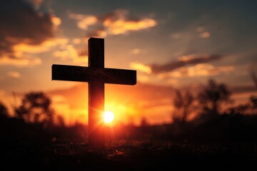 Silhouette of a Cross Against a Blurry Sunset Sky - Symbol of Faith and Hope