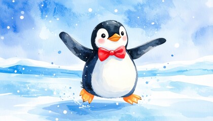3D style tiny penguin wearing a bow tie dancing on ice