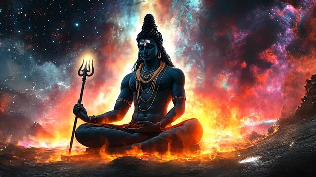 Lord Shiva meditating in cosmic fire landscape
