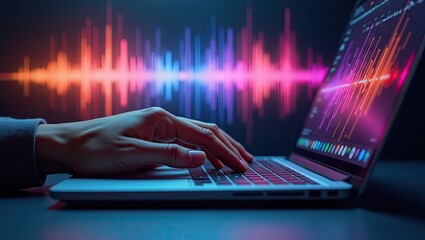 A person's hands typing on a laptop with colorful audio waveforms displayed on the screen.