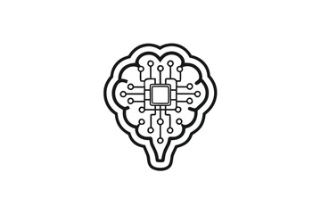 Human Brain Shape with Circuit Board Line Icon on White Background. TechMind