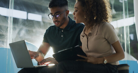 People, programmer and talk with laptop in office for coding, software update and testing program. Staff, reading and PC for IT collaboration, troubleshooting website and problem solving of debugging