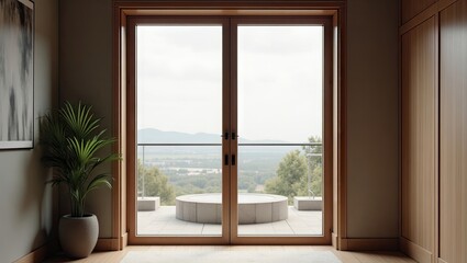 Obraz premium Wooden double doors open to a tranquil outdoor patio.