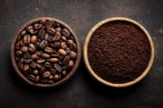 Premium flat lay of coffee beans with ground coffee and branding space  
