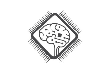 Black Icon of Brain Inside Chip with White Background, Design, Artificial