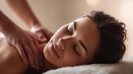 Fototapeta premium Close-up woman receiving neck massage with closed eyes, soft warm lighting