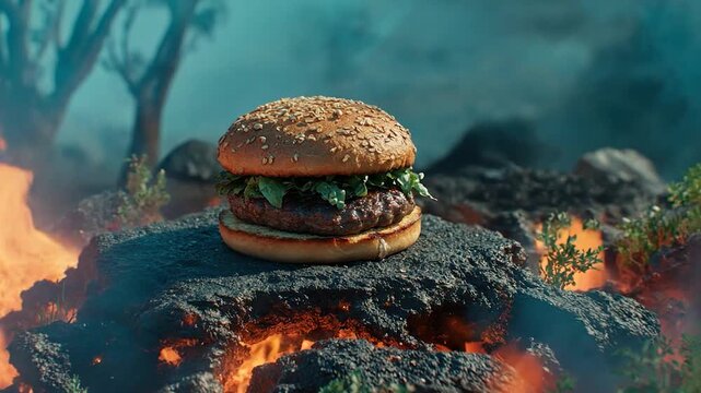 Gourmet burger atop a campfire