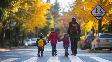 A woman and three children walk across a crosswalk on an autumn day in a city street setting