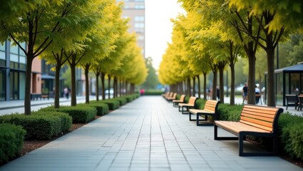 Fototapeta premium Urban walkway lined with trees and benches.