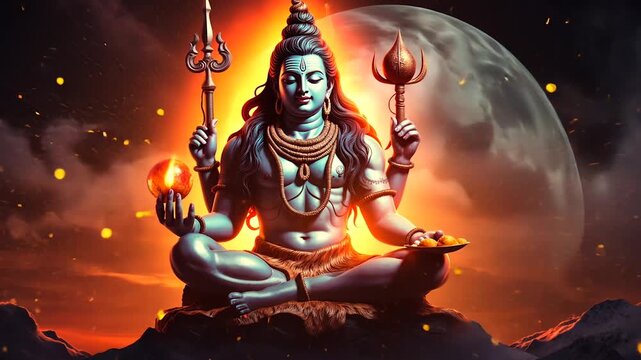 Lord Shiva in divine meditation with celestial backdrop
