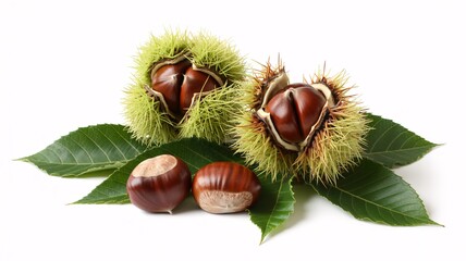 Photo of fresh chestnuts in their spiky green husks and shelled nuts with green leaves, isolated on white background