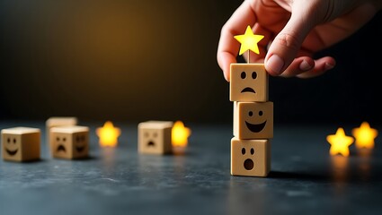 Customer feedback concept with smiley faces and star rating symbolizing good service and positive experience for customer satisfaction