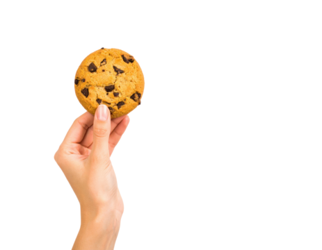 A Female Hand Delicately Holds A Single Chocolate Chip Cookie isolated on transparent background. PNG die-cut for advertising
