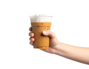 Hand holding a refreshing iced coffee with milk foam and ice cubes in a clear plastic cup isolated on transparent background. PNG die-cut for advertising