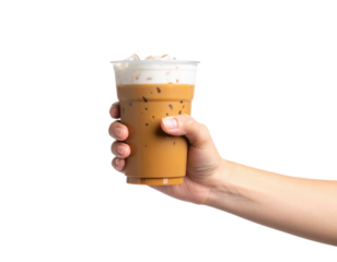 Hand holding a refreshing iced coffee with milk foam and ice cubes in a clear plastic cup isolated on transparent background. PNG die-cut for advertising