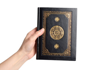 Hand Holding A Black Book With Ornate Gold Embossed Cover And Decorative Border isolated on transparent background. PNG die-cut for advertising