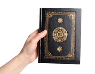 Hand Holding A Black Book With Ornate Gold Embossed Cover And Decorative Border isolated on transparent background. PNG die-cut for advertising