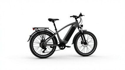 Gray electric bicycle with black components, side view.