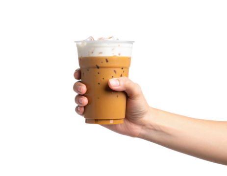 Hand holding a refreshing iced coffee with milk foam and ice cubes in a clear plastic cup isolated on transparent background. PNG die-cut for advertising