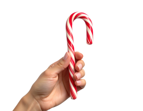 Human Hand Holding A Red And White Striped Candy Cane isolated on transparent background. PNG die-cut for advertising