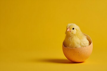 cute yellow baby chicken in egg on yellow background easter postcard
