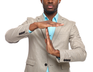 Man In Suit Forming Time Out Signal With Hands Showing Patience And Pause Tisolated on transparent background. PNG die-cut for advertising