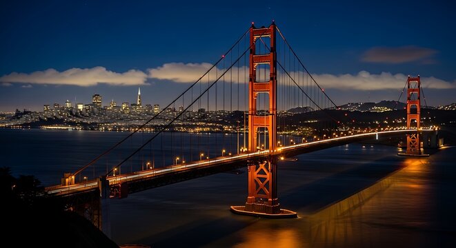 Illuminated golden gate bridge at dusk with city lights creating a stunning silhouette