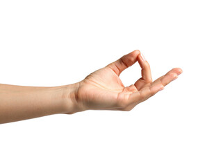 Human hand with thumb and index finger touching fingers extended gesturing meditation or mindfullness isolated on transparent background. PNG die-cut for advertising