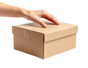 Human Hand Touches A Closed Cardboard Shipping Box With Taped Seams Cardboard Box isolated on transparent background. PNG die-cut for advertising