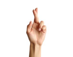 A Human Hand With Fingers Crossed Fingers Are Touching isolated on transparent background. PNG die-cut for advertising